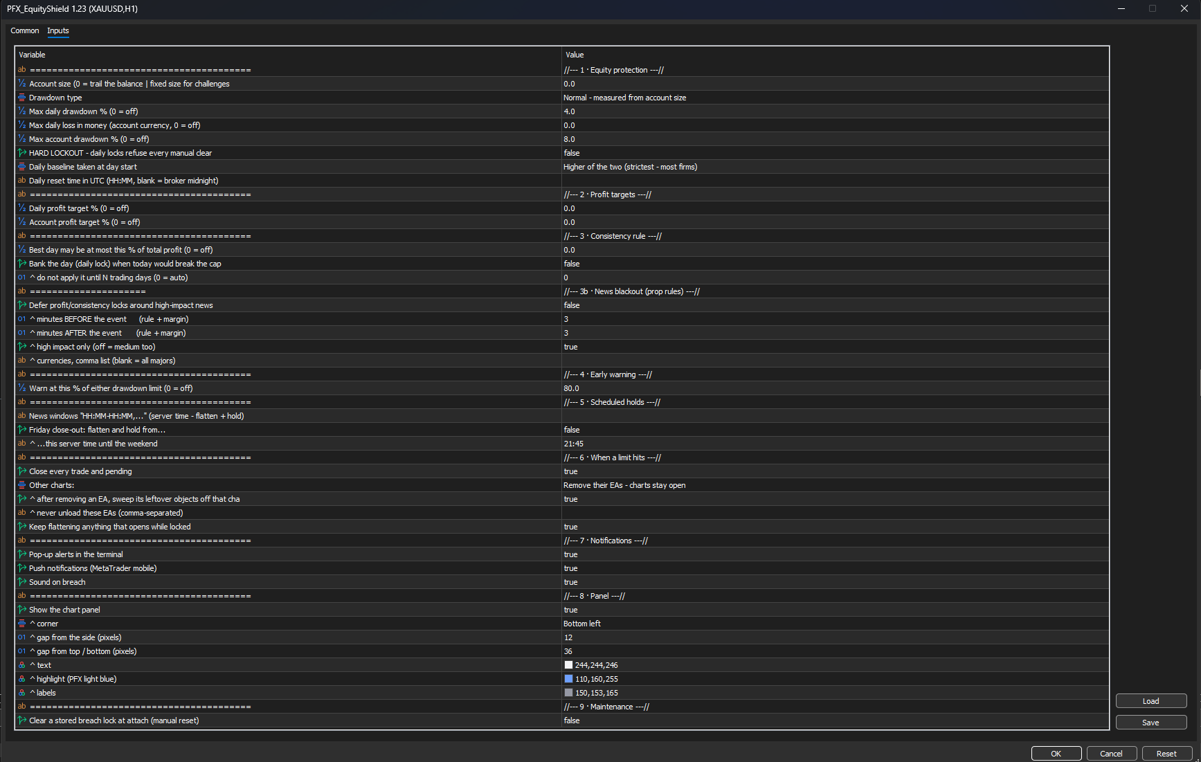 PFX Equity Shield v1.23 settings for drawdown limits, reset time and account controls