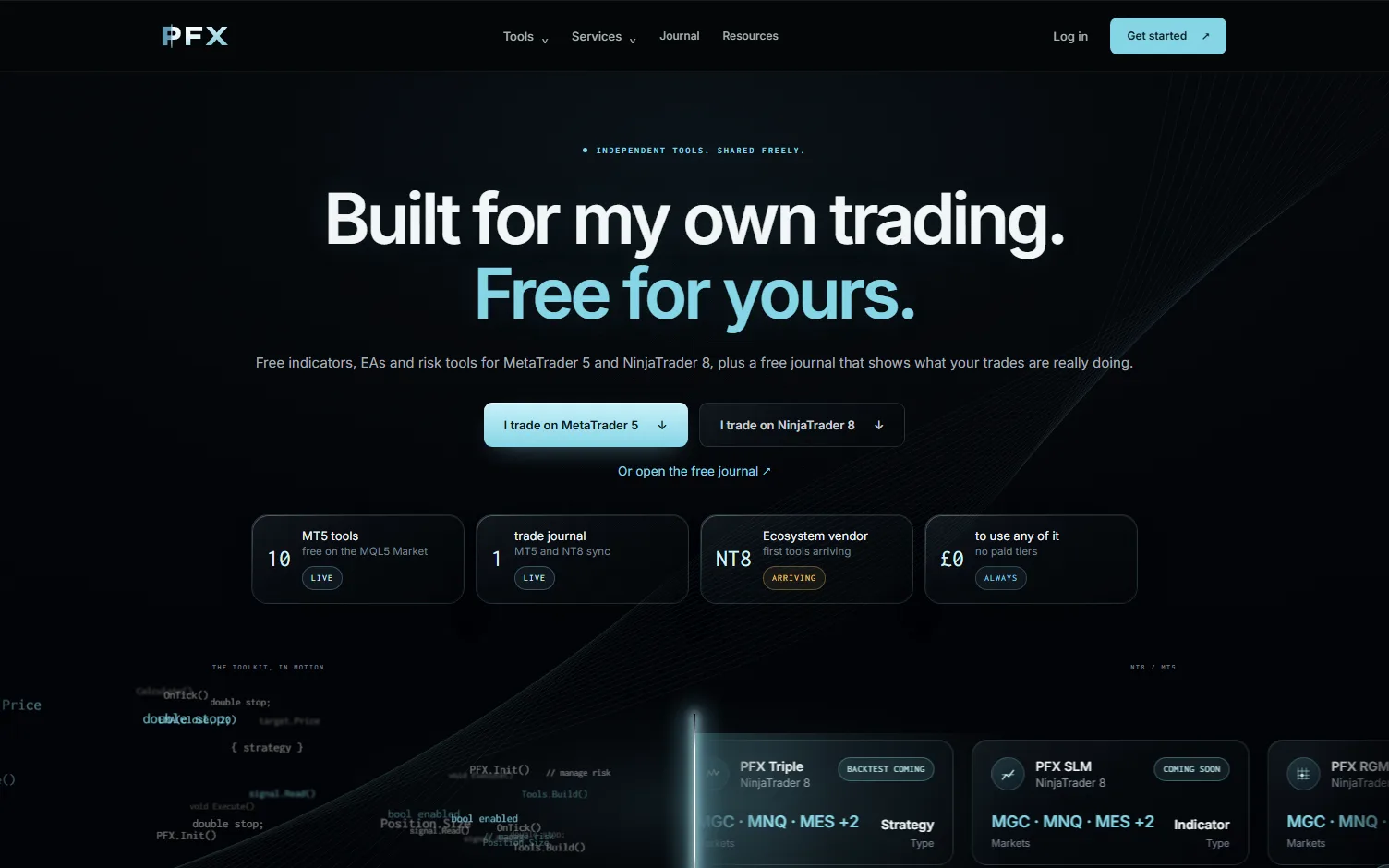 The PrecisionFX homepage: a cyan-on-black glass design with a headline, animated product scenes and a free journal.